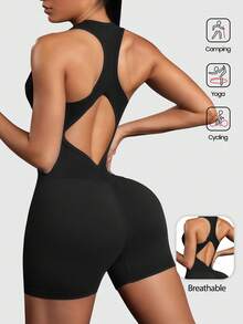 Aaseow Abbigliamento sportivo da donna, tuta sportiva basic a costine senza cuciture, tuta sportiva a costine di colore unito, tuta jumpsuit elastica, tuta jumpsuit modellante per primavera ed estate - nero - Visualizzare 1
