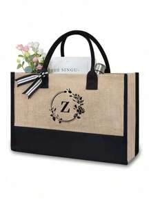 1/2 pezzi Borsa shopping tela con stampa lettere iniziali dalla A alla Z, con borsa portaoggetti cosmetici inclusa, borsa personalizzata, grande capacità, adatto per matrimoni, compleanni, spiaggia, vacanze, scuola, ottimo regalo per donne, mamme, insegnanti, amiche, damigelle d'onore, studenti, borsa grande. Borsa casual capiente e portatile, adatta per lo shopping multifunzionale