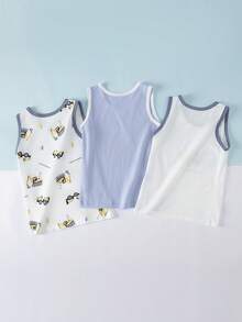 3pcs/Set Boy Summer Casual Top, Young Boy Thin Cartoon Excavator Print Camisole Singlet