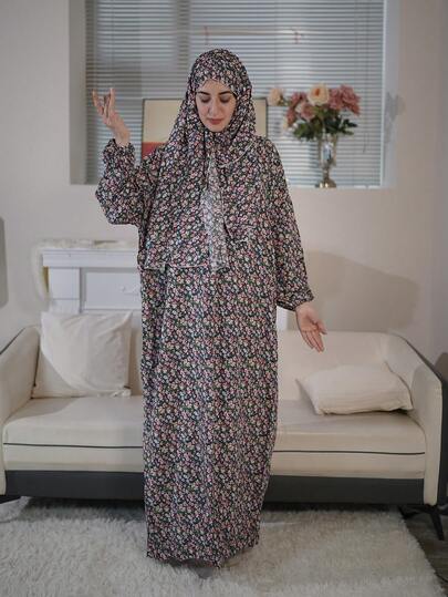 Women Floral Printed Zip Up Long Robe, Comfortable & Breathable Arabic Prayer Gown, All Season