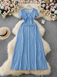 Women's U-Neck Waist Tie Short Sleeve Printed Dress, Spring/Summer - Blue - View 6