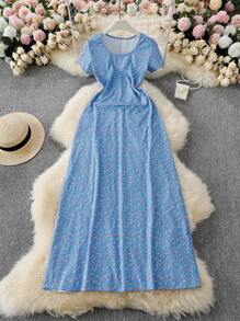Vestido de mujer para primavera y verano, con estampado de moda, cuello en U, cintura anudada y manga corta