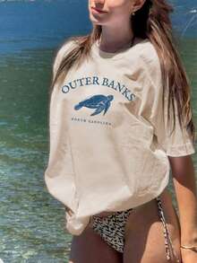 女士夏季海龟字母印花圆领短袖休闲T恤，适合海滩和日常穿着 - 杏色 - 查看 6