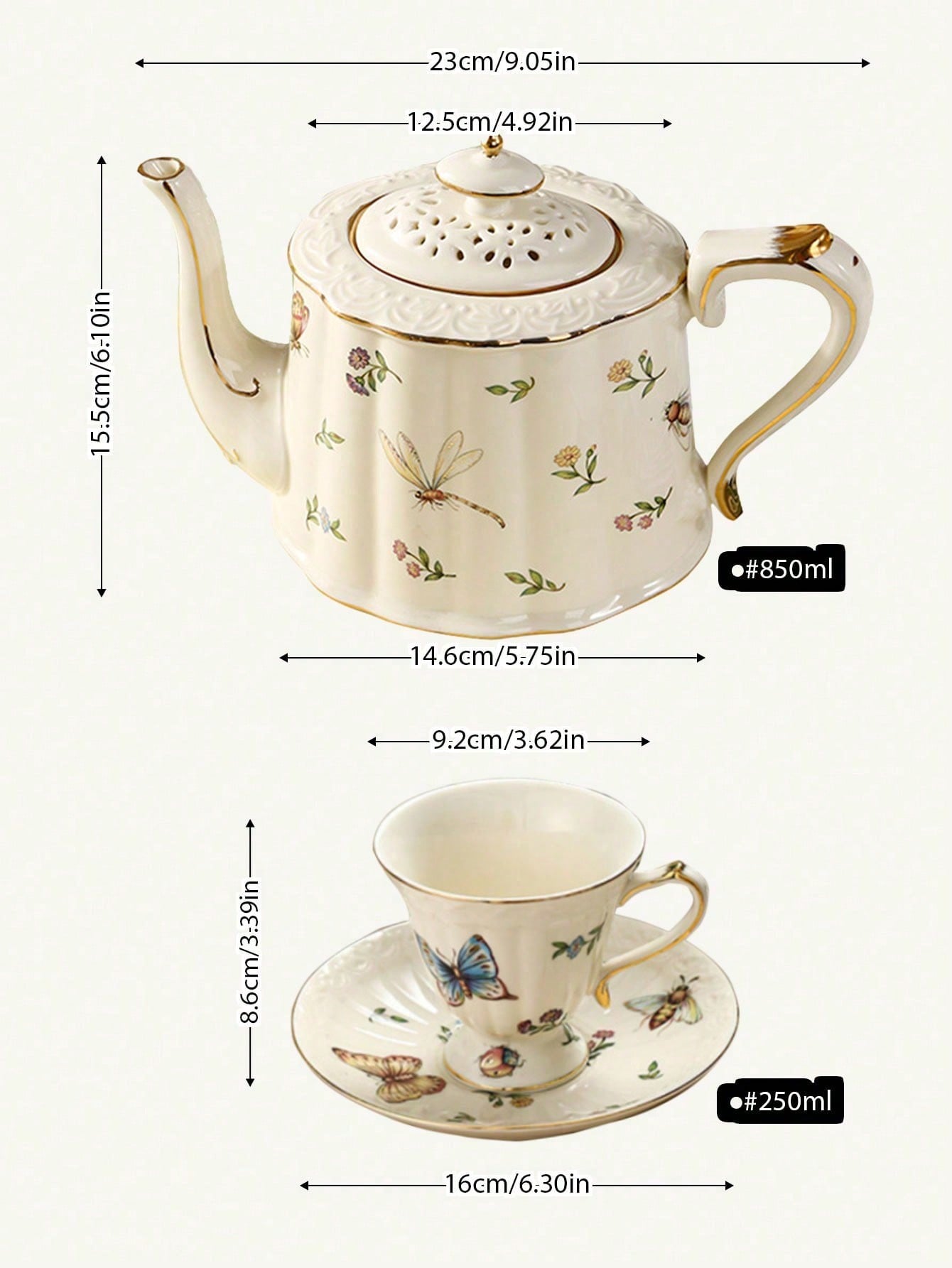 طقم إبريق الشاي والفنجان الخزفي القديم مع كوب وصحن...