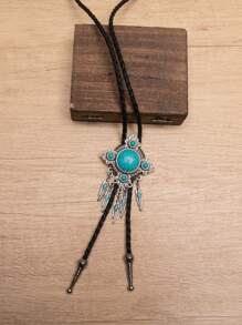 1pc Classic Turquoise Alloy Leather Bolo Tie, Men's Long Necklace Sweater Chain