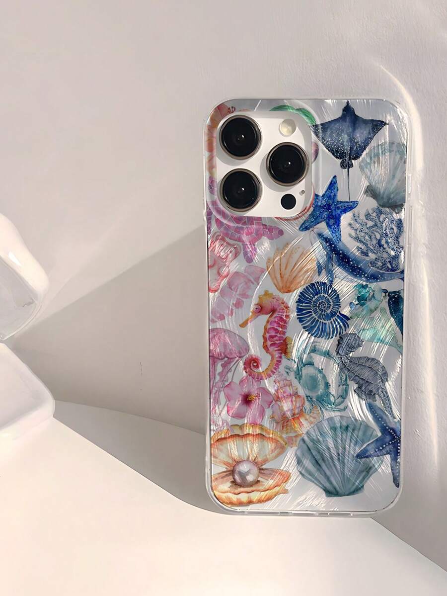 蓝色手机壳夏季手机壳Iphone1pc海洋主题简约图案防水防指纹防刮透明IMD柔软亮面光滑手机壳