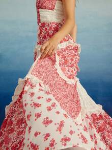 Womens Boho Floral Maxi Dress Spaghetti Strap Casual Sleeveless Ruffle Flowy Tiered Dress Lace Patchwork V Neck Backless A-Line Long Dresses For Summer Vacation Outfit Clothes Beach Party Dress Sundress - 紅色 - 查看 3