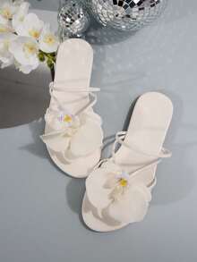 3D 花卉装饰休闲优雅女士一脚蹬凉鞋，涤纶材质，适合度假、休闲、办公室、居家、派对、海滩、婚礼，温柔甜美的夏季风格 - 米色 - 查看 7