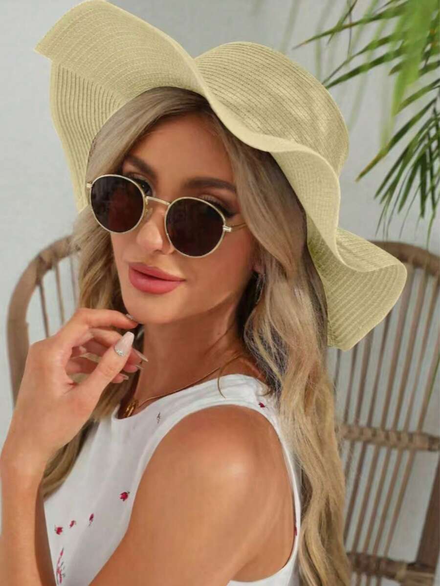 1pc Women's Wide Brim Straw Hat With Wavy Pattern, Suitable For Vacations - Beige - View 1