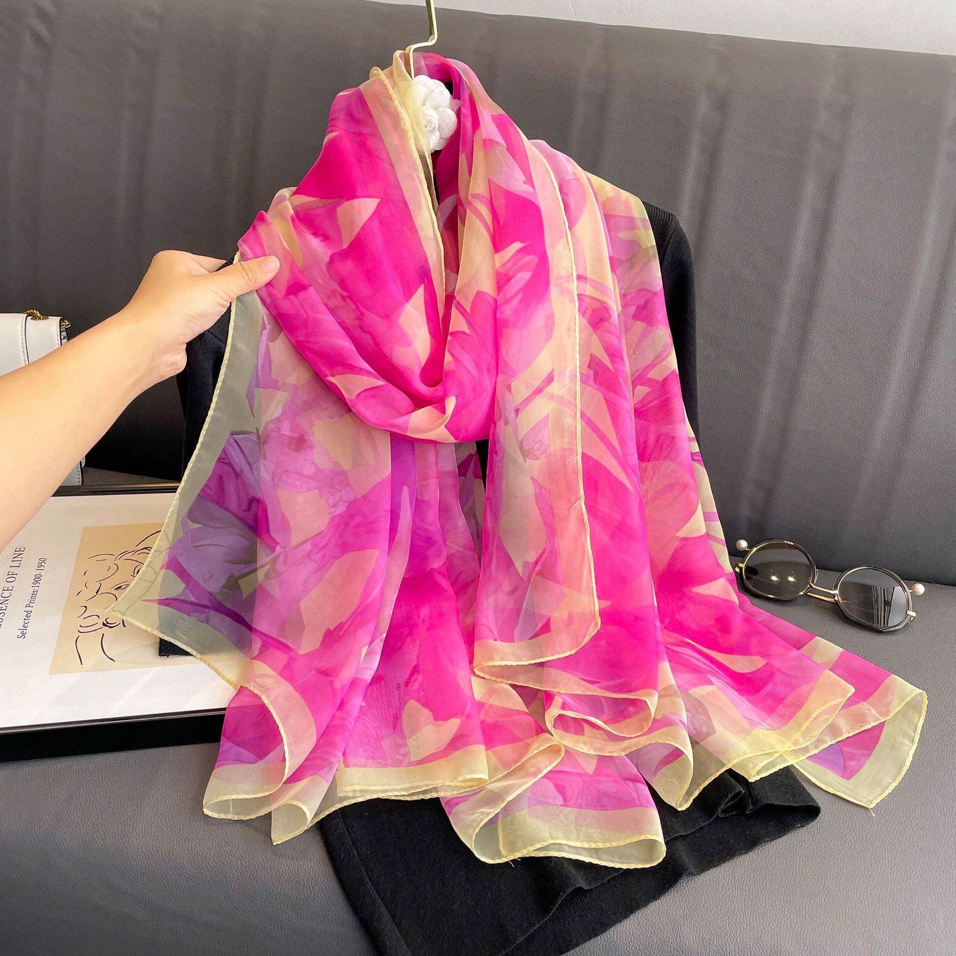 1pc Women Fuchsia Chiffon Scarf, Thin Lightweight Versatile Scarves For Spring Autumn, Suitable For Travel, Sun Protection, All Season For Dress