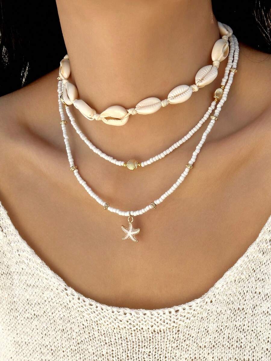 3pcs Bohemian Style Casual Beach Layered Beaded & Shell Necklace Set - Multicolor - View 1