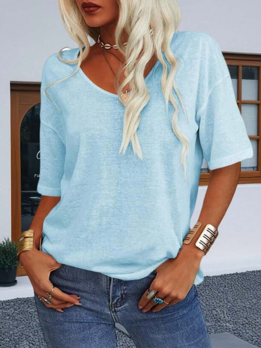 ​Women's Oversized V-Neck Half Sleeve Loose Fit Solid Color Casual T-Shirt​ - Màu xanh nhạt - Xem 1