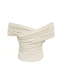 Women's Elegant Solid Color Ruched Bardot Top, Summer
