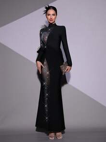 New Women's Hot Stamping Diamond Mesh Splicing Perspective Diamond Mesh Splicing Perspective Design Sexy Dress Formal Dinner Party Wedding Guests Holiday Party Eid Al Fitr Dress - Black - View 5