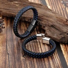 1pc Men's Solid Black Genuine Leather Punk Woven Leather Bangle Bracelet