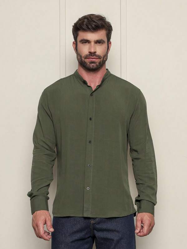 CAMISA LISA SOCIAL GOLA PADRE MANGA LONGA EM VISCOSE
