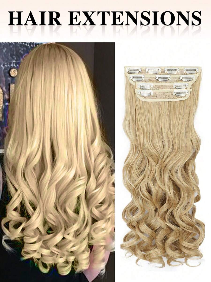 nimoki Kẹp Nối tóc Dài Co giãn Tóc xoăn 20 Inch 4pcs Sợi tổng hợp Nối tóc Đối với phụ nữ ( Vàng ) - Vàng - Xem 1