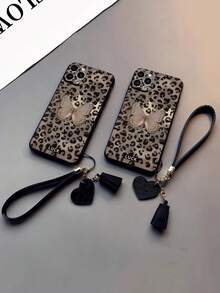 Fall Phone Case 1pc Leopard Print Butterfly Painted Thick Anti-Drop Protective Phone Case, Includes New Leather Heart-Shaped Wrist Strap DIY Phone Case Pendant, Short Wristband Accessory,International Version, Not The Domestic Version - Multicolor - View 3