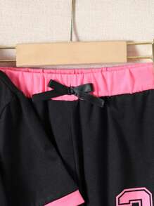 Set de 2 piezas de ropa casual de verano para niñas - Camiseta de manga corta con estampado de dígitos y pantalones de estar por casa de color contrastante