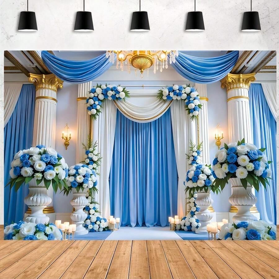 Elegant Blue And White Wedding Backdrop Flag - Vibrant Castle Palace Design, Polyester Fabric, Suitable For Engagement Party, Birthday And Sophisticated Home Decor, Wedding Decor | Luxury Wedding Flag | Reusable Decorative Item, Wedding Gift