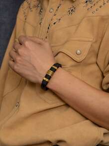Fashionable Simple Woven Double Layer Leather Cord Bracelet For Men, Magnetic Clasp Leather Wristband Jewelry