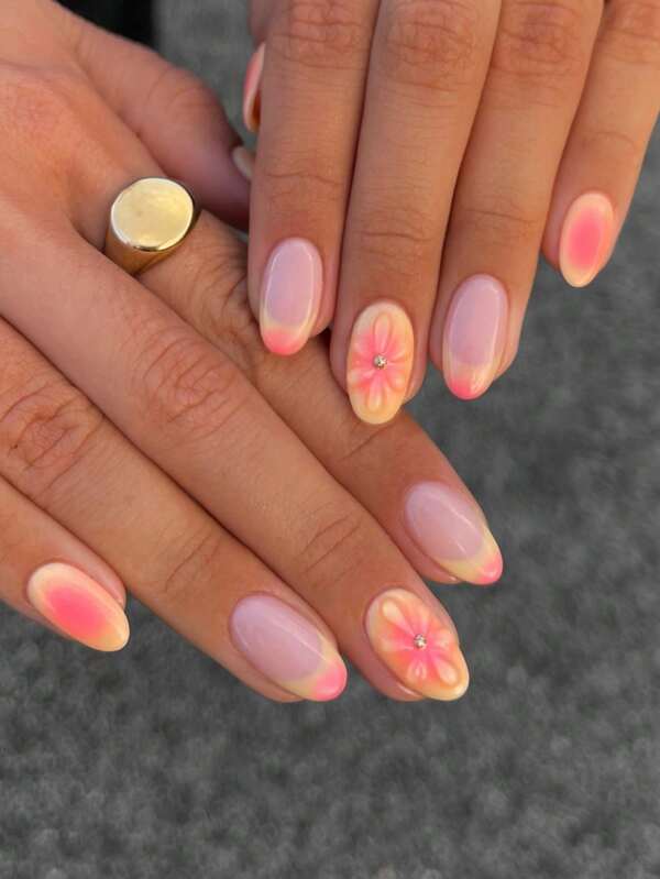 24Pcs Short Oval 3D Gelnail Makes Flower Nails Design French Acrylic Press On Nails Short Perfect Fit Fake Nail Set,Include: 1pc Jelly Glue And 1pc Nail File,Easy To Wear Summer Nails & French Tip Press On Nails Art For Women And Girls Daily Life Rave Party Use