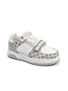 Men's Solid Color Patchwork Lace-Up Casual Flat Shoes, Everyday Wear - Beige - View 1