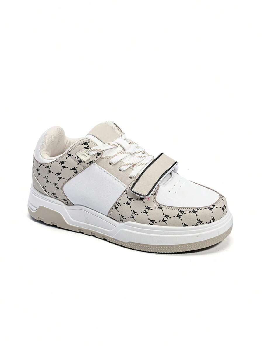 Men's Solid Color Patchwork Lace-Up Casual Flat Shoes, Everyday Wear - Beige - View 1
