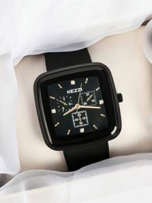 KEZZI 1 pieza Reloj de cuarzo cuadrado estiloso y simple con correa de silicona negra unisex, de moda casual adecuado para uso diario