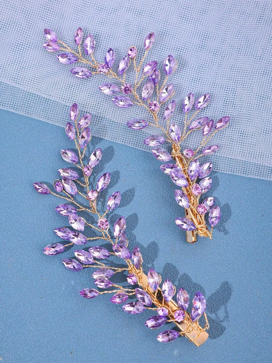 2 chiếc kẹp tóc đính đá sang trọng, màu tím pha lê và đỏ hồng rực rỡ, phụ kiện tóc cho váy dạ hội, đám cưới, ngày Valentine. - Màu tím - Xem 1