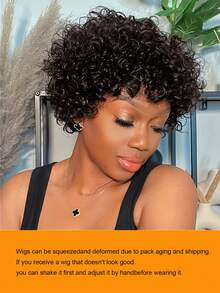 Highlight Short Pxie Cut Curly Wig Full Machine Made Human Hair Wigs With Bang Loose Curly Wave None Lace No Glue 150% Density Natural Black Colored Pixie Cut Wigs For Women Daily Use - SNatural - Xem 8