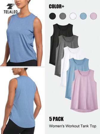 TELALEO 5 Paquetes de Tops de Tirantes para Entrenamiento para Mujeres Tops sin Mangas Atléticos de Yoga y Gimnasio Top de Secado Rápido con Ajuste Holgado Camisetas Deportivas