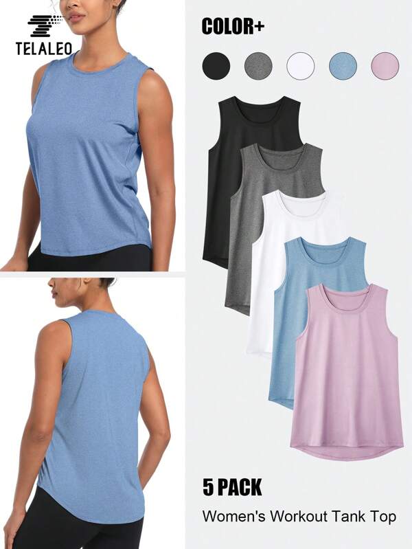 TELALEO 5 paquets de débardeurs pour femmes pour le fitness, débardeurs de yoga de sport sans manches secs rapidement à coupe ample