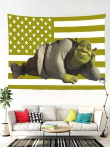 1pc Cartoon Character Green American Flag Funny Tapestry Polyester 90g Printed Wall Hanging, Suitable For College Dormitory, Bedroom, Living Room, Home Decoration, Beautiful Art Tapestry, Ideal Holiday Gift