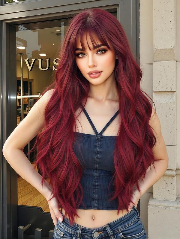 طقم شعر طبيعي موجي طول 30 بوصة باللون البرغندي مع غرة، شعر اصطناعي مقاوم للحرارة باللون الأحمر الطويل للنساء للاستخدام اليومي وحفلات التنكر وعيد الميلاد