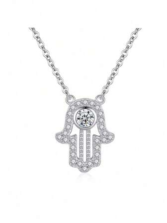 TONGZHE 1pc 925 Sterling Silver Palm-Shaped Cubic Zirconia Stone Pendant Necklace For Women