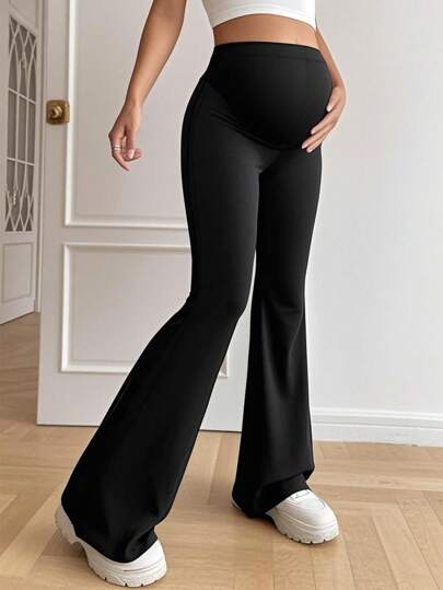 Women's Solid Color High Waist Stretch Daily Casual Maternity Flared Pants, Women's Clothing, Women's Maternity Trousers