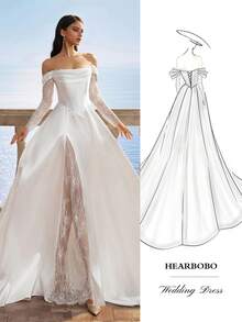 HEARBOBO Solid Color Vintage Satin Off-The-Shoulder Simple Chiffon Split Thigh Long Dress, Contrast Lace Wedding Dress