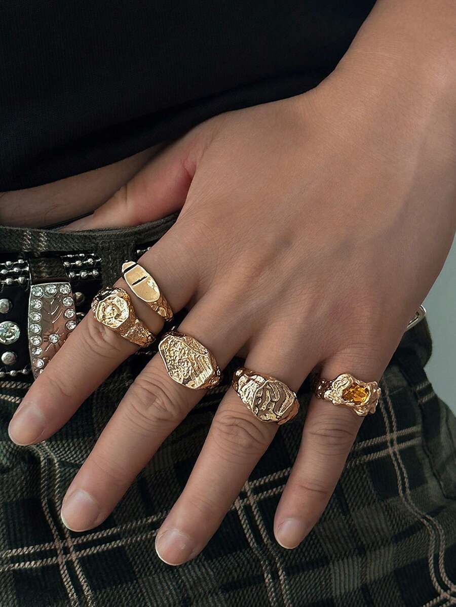 5 Pieces Of Retro Creative Asymmetrical Metal Gold Liquid Lava Abstract Gemstone Ring, Simple And Stylish Geometric Multi-Element Overlay Ring Set, Suitable For Men's Daily And Party Decoration Charm Jewelry - 5-piece Irregular Ring Set - View 1