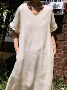 女式简约纯色V领宽松开衩连衣裙，夏季 - 白色 - 查看 5