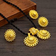 Dubai African Women's Exquisite Golden Color 3Pcs Jewelry Set - Flower Design Pendant, Ring And Earrings, Traditional Bridal Wedding Accessories - A - View 6