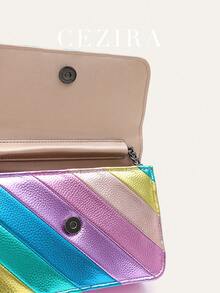 CEZIRA Women's Fashion Metal PU Plain Leather Small Colorful Striped Handbag, Rainbow Color Patchwork Square Flap, Metal Chain Shoulder Strap Crossbody Bag, Portable, Suitable For Girls, College, Travel, Vacation, Summer And Spring - Multicolor - View 5