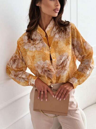 Blusa informal de manga larga con botones estampada para mujer