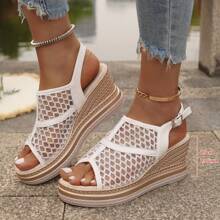 Sandales compensées sexy ajourées pour femmes, imprimé floral bohème de vacances, pour la plage/extérieur, l'été, semelle épaisse, respirant en dentelle et résille