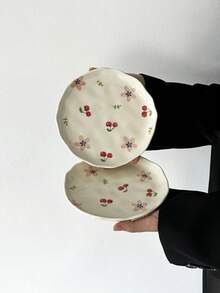 1pc/2pcs/4pcs Ins风格可爱樱花陶瓷餐盘，手绘釉下彩樱花盘，西餐盘，牛排意面盘，下午茶甜品盘，蛋糕水果盘，蔬菜沙拉盘，家用菜盘，咖啡厅酒店餐盘 - 彩色 - 查看 5