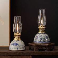1pc Ceramic Blue And White Porcelain Floral Oil Lamp With Lamp Shade, Adjustable Wick, Suitable For Camping, Home Use, Festivals Like Christmas, Easter, Ramadan, Valentine's Day, Gift