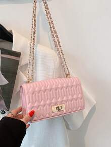 Bolso de hombro cruzado cuadrado de piel de imitación de unicolor con cierre de giro, nueva moda mini - Rosa - Ver 6