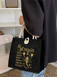 Geantă tote cu model de constelație aurie și geantă mică cu model de constelație, geantă tote neagră din in