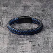 1pc Men's Solid Black Genuine Leather Punk Woven Leather Bangle Bracelet