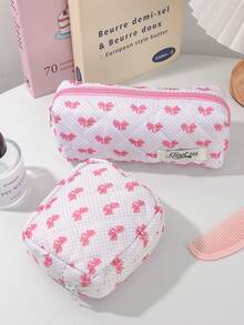 1 Piece Large Capacity Pink Polka Dot &Bow Cosmetic Bag Travel Toiletry Bag Beauty Tool Storage Makeup Bag Pink Cosmetics Storage Bag Portable Makeup Organizer Fashionable Travel Cosmetic Bag Mother's Day Gift School Supplies Travel Essentials Make Up Bag Holiday Essentials Cosmetic Bag Holiday Spring For Women,Girl - Multicolor - View 5